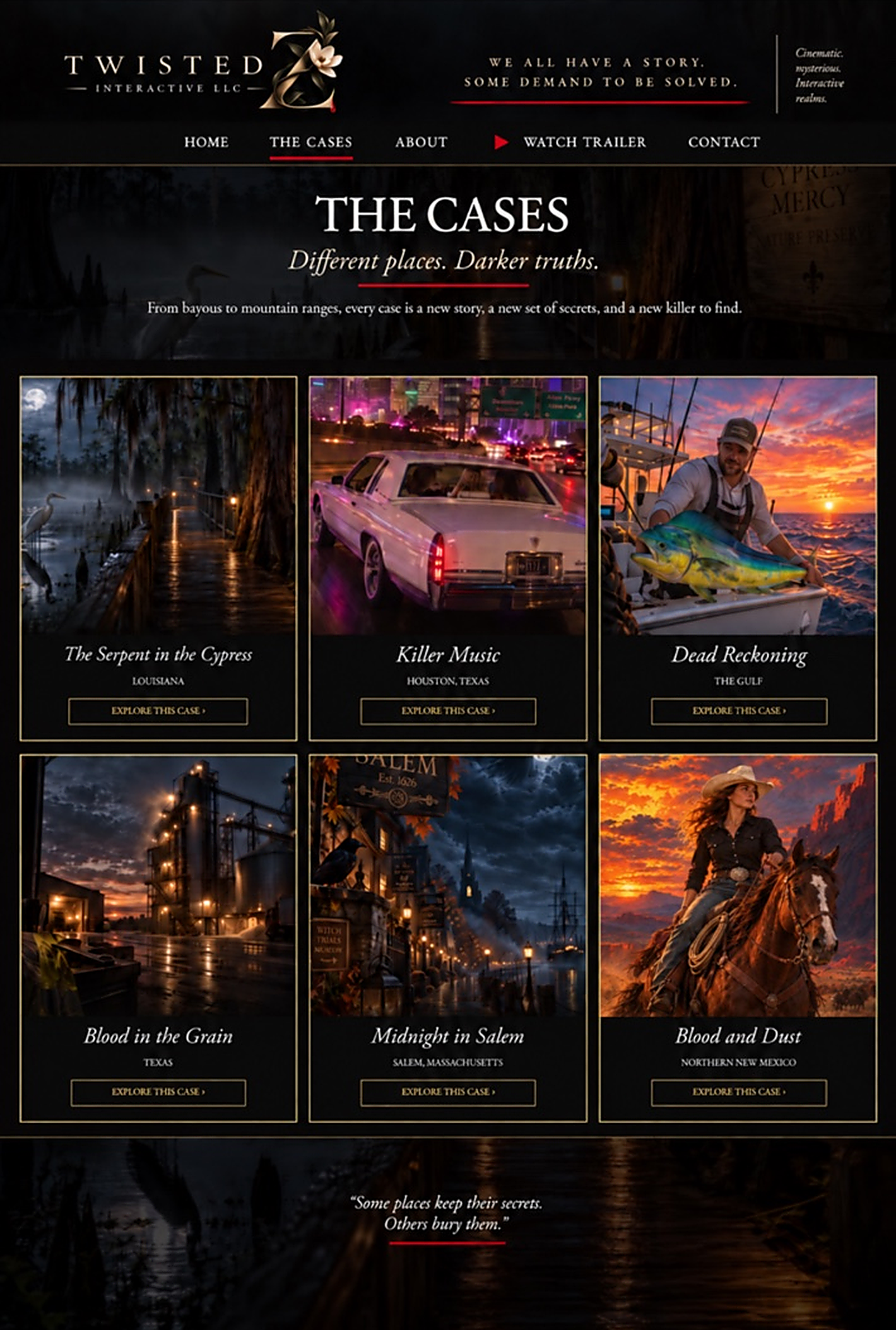 The Cases. Different places. Darker truths. Six case cards: The Serpent in the Cypress, Killer Music, Dead Reckoning, Blood in the Grain, Midnight in Salem, and Blood and Dust.