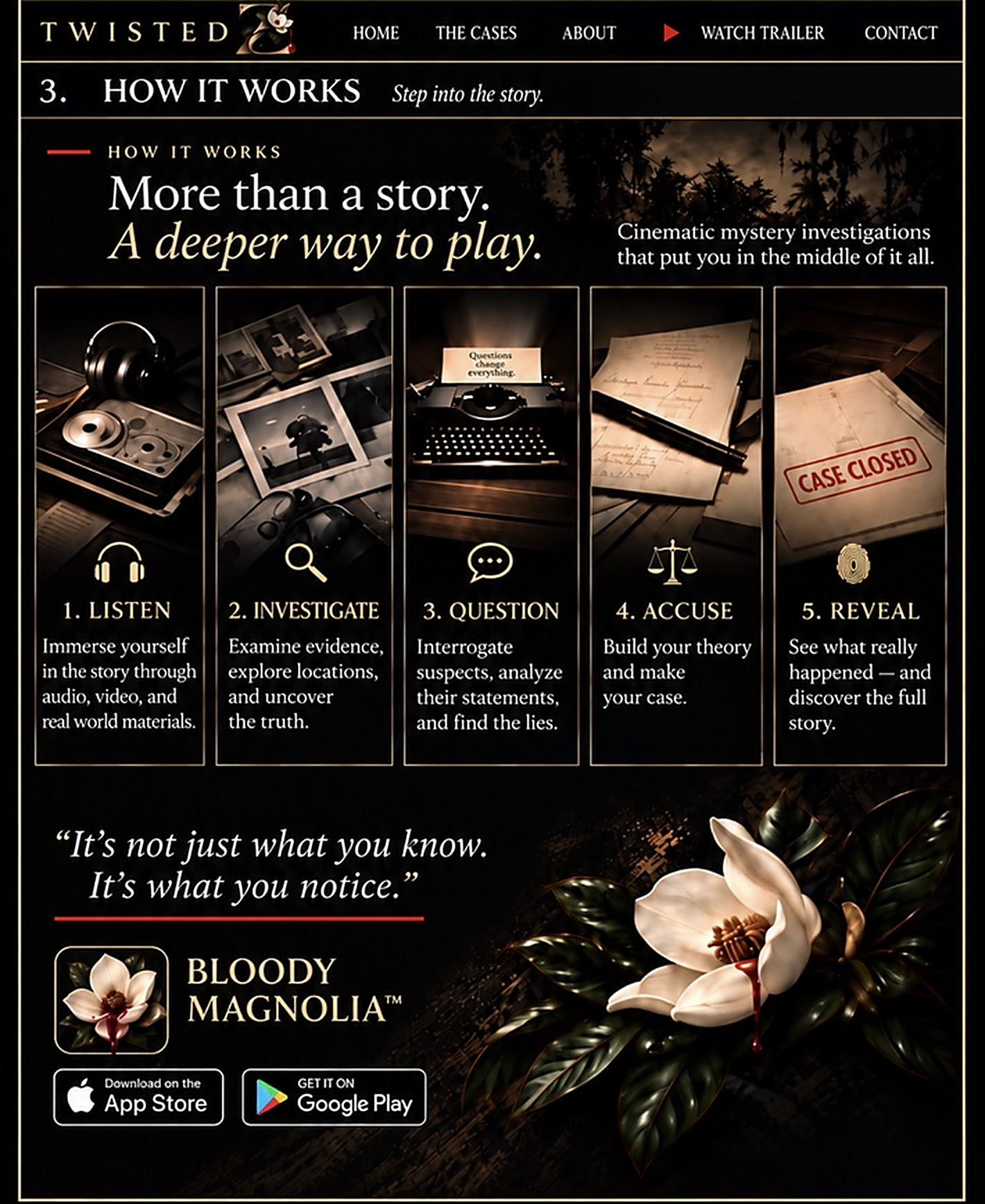 How It Works: More than a story. A deeper way to play. Listen, Investigate, Question, Accuse, Reveal. Bloody Magnolia.