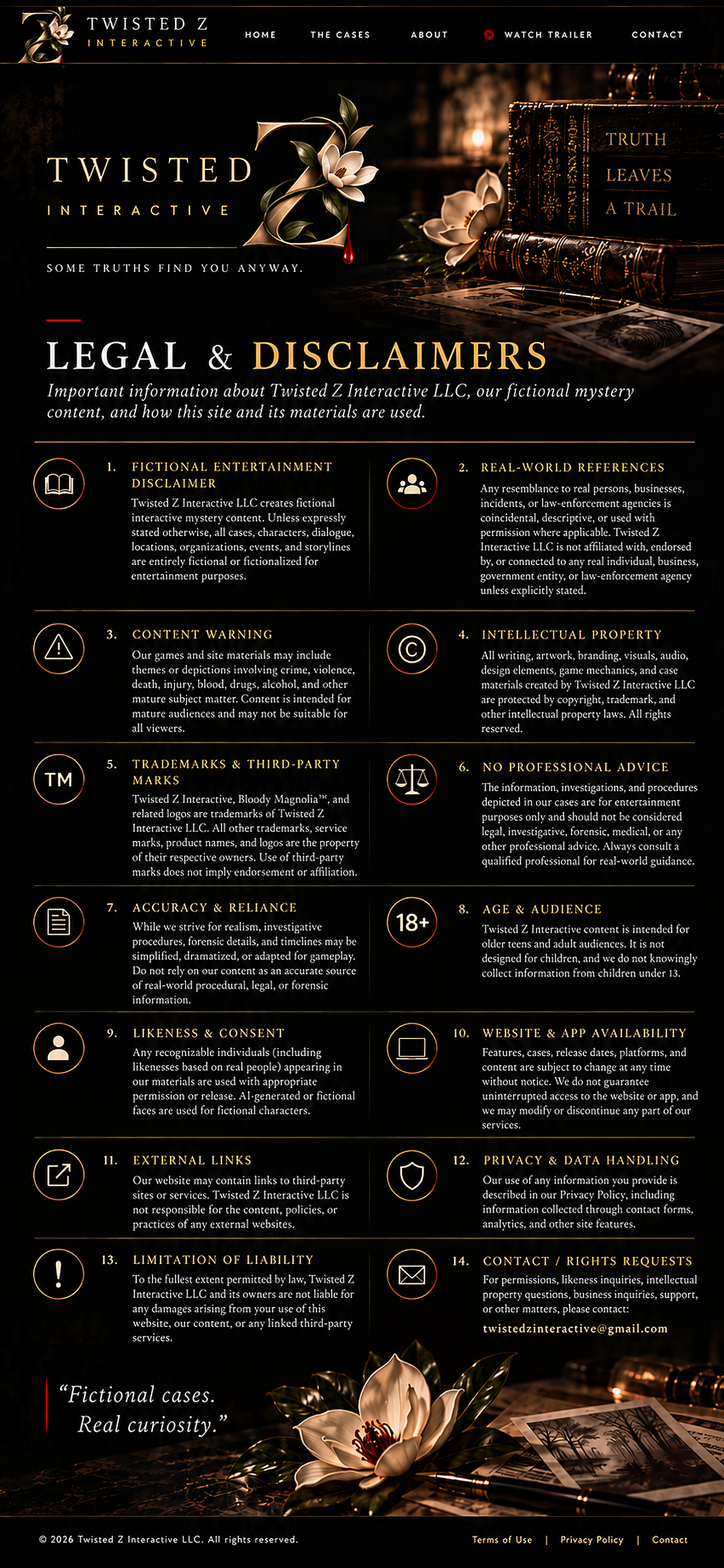 Twisted Z Interactive Legal and Disclaimers page, including fictional entertainment, content warnings, intellectual property, privacy, and contact information.